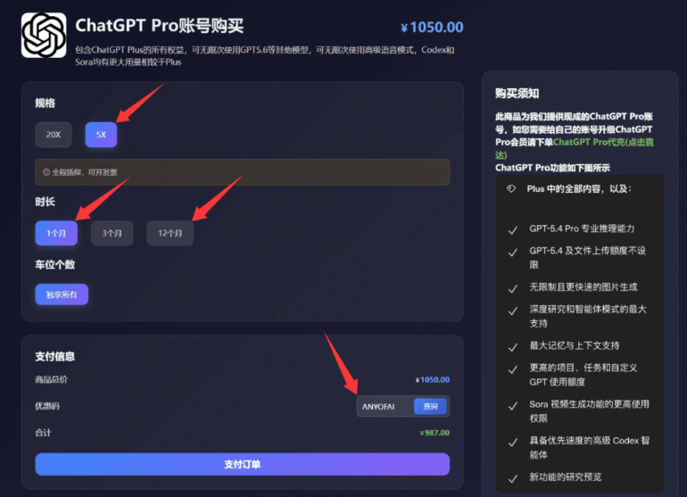 ChatGPT Plus购买教程步骤二，账号套餐选择页面